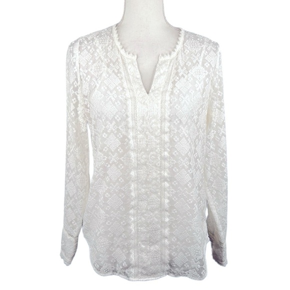 NYDJ Tops - NYDJ White Boho Embroidered V-Neck Long Sleeve Top Size XS